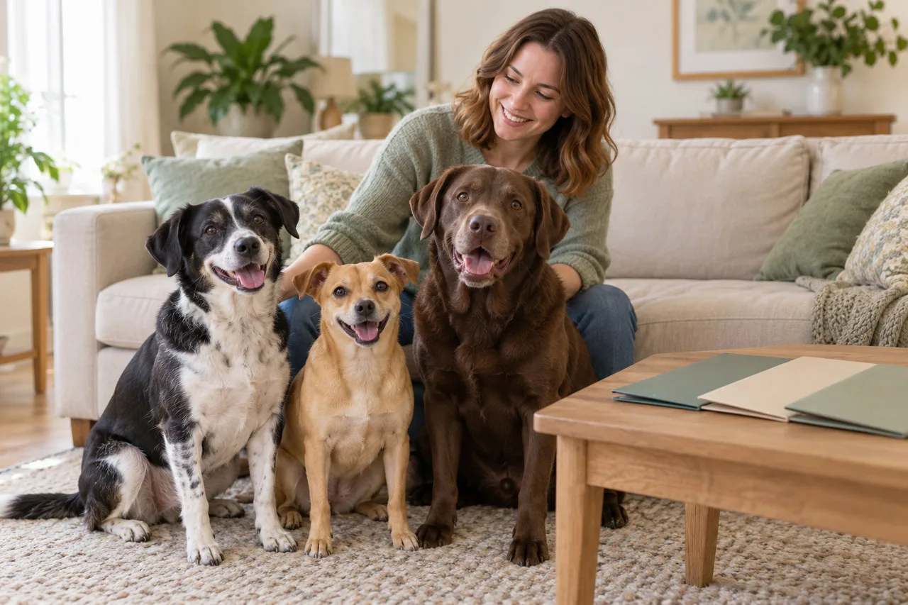 Owner sitting at home with three dogs
