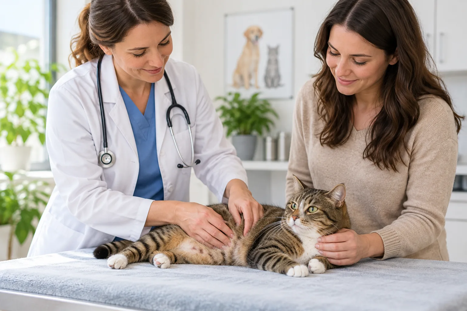 Veterinary consultation with an owner and cat